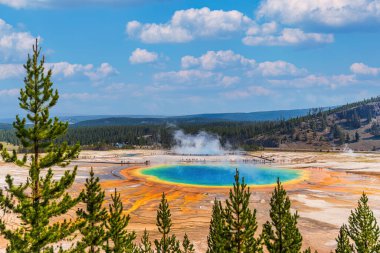 Yellowstone Ulusal Parkı 'ndaki Grand Prismatic Springs' in ünlü patikası. Wyoming 'de canlı mavi yeşil portakallı güzel kaplıcalar.