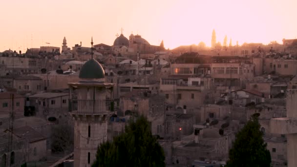 Solnedgång Jerusalems Gamla Stad Med Heliga Sepulchre Till Vänster — Stockvideo