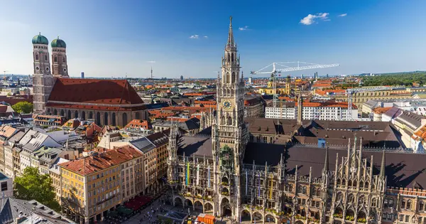 stock image Famous Munich skyline with Marienplatz town hall in Germany