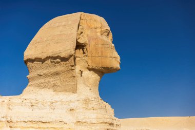Kefren Piramidinin yanındaki kireçtaşı kayaya oyulmuş Giza 'nın büyük sfenksinin panoramik görüntüsü
