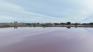 Güney Fransa 'daki Camargue bölgesinde bulunan pembe tuz gölü yakınlarındaki ortaçağ surlu Aigues-Mortes kasabasının havadan görünüşü.