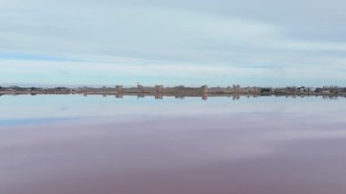 Güney Fransa 'daki Camargue bölgesinde bulunan pembe tuz gölü yakınlarındaki ortaçağ surlu Aigues-Mortes kasabasının havadan görünüşü.