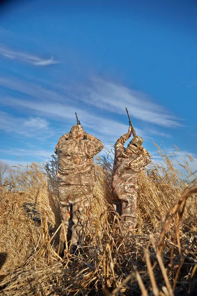 Dois Caçadores Aves Aquáticas Camuflados Atirando Céu Durante Caça Pato — Fotografia de Stock