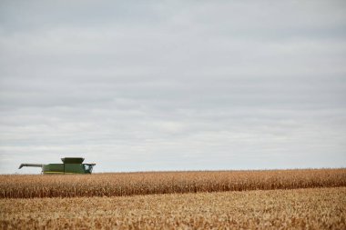 Yazın bulutlu gökyüzüne karşı ekili tarım arazisindeki ekin hasatçısıyla kırsal alan