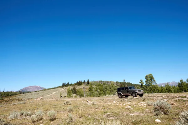 Vehículo 4Wd Conduciendo Través Terreno Montañoso Abierto Herboso Bajo Cielo —  Fotos de Stock