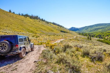 4WD aracı dağların arasından, sarmal toprak bir yol boyunca orman vadisinin yukarısındaki dik bir çim yamacında gidiyor.