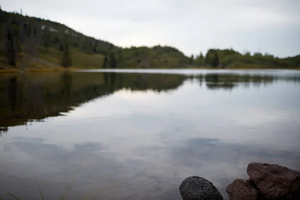 Тихое Спокойное Озеро Мрачный Пасмурный День Серыми Облаками Окружающим Лесом — стоковое фото