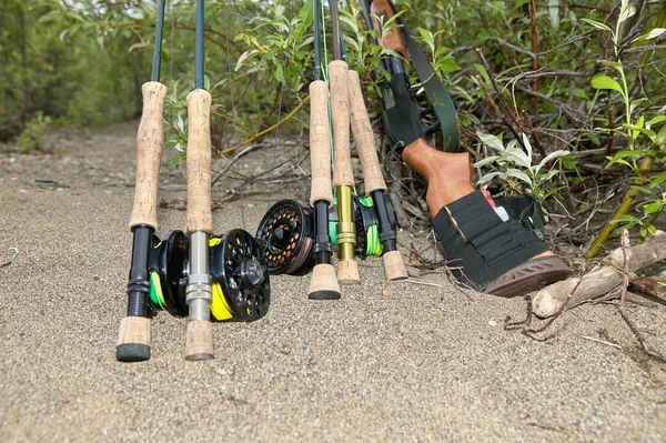 Una Cosecha Cercana Cañas Pescar Mosca Carretes Rifle Para Proteger — Foto de Stock