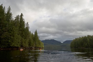 Bulutlu bir günde sakin koyda kürek çeken iki kanocu.