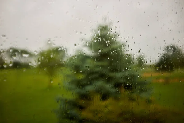 Widok Wsi Drzewami Deszczu Przez Szklane Okno Kroplami Deszczu Rzekami — Zdjęcie stockowe
