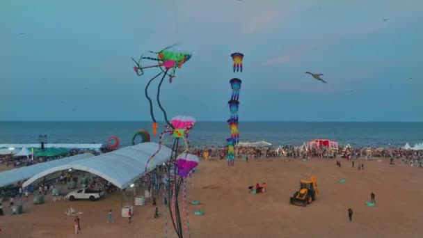 Захватывающий Вид Воздуха Пляжный Фестиваль Множество Красочных Воздушных Змеев Различных — стоковое видео
