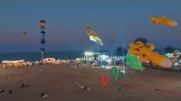 ビデオは暗い空に向かって飛ぶキットのカラフルな配列を持つビーチの夜景を示しています キットはさまざまな形状とサイズで ビーチのライトによって下から点灯されます イギリス — ストック動画