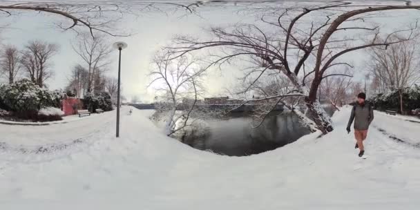 Virtuell Promenad Genom Snötäckt Park Denna 360 Graders Video Videon — Stockvideo