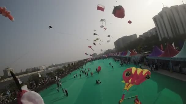 これはインドのアーメダバードで開催される国際カイトフェスティバルの中心部にあなたを連れて行く魅力的なビデオです 空はさまざまな形の活気に満ちたカラフルなキットで飾られています — ストック動画
