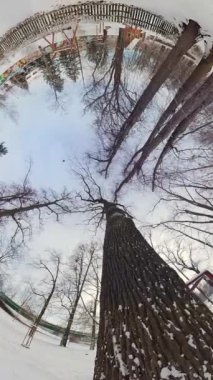 Bu, kışın karlı bir parkın 360 derecelik görüntüsü. Video, parkın ortasında çıplak dalları olan büyük bir ağacı gösteriyor. Park karla kaplı ve arka planda bir torii kapısı var.