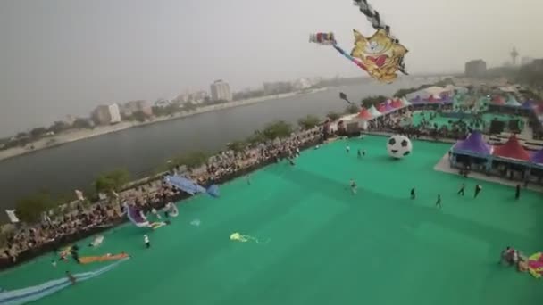 该视频展示了印度的艾哈迈达巴德国际风筝节 这个节日在一个以河流为背景的绿地上举行 有许多人在放飞各种颜色的风筝 — 图库视频影像