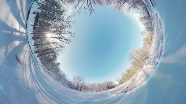 在这段360度的视频中 开始一段迷人的旅程 穿过宁静的冬季森林 沉浸在影片中的镜头把你带到了一个安静的雪地里 在那里 唯一的声音是柔和的 — 图库视频影像