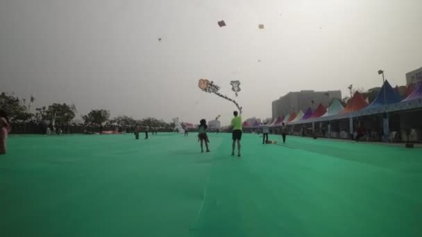 この魅惑的なビデオは インドのアーメダバードでカイトフェスティバルの活気に満ちた楽しい雰囲気を展示し ウッタルヤンの祭りを祝います 空は色彩豊かなキットで飾られています — ストック動画