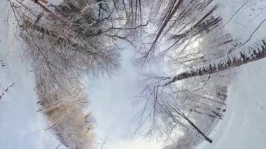Bu 360 derecelik videoda sakin bir kış ormanında büyüleyici bir yolculuğa çıkın. Bu büyüleyici görüntüler sizi büyüleyici güzelliklerin dünyasına götürüyor, karla kaplı ağaçlar ve ışıldayan