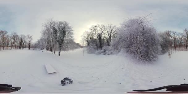 这段视频是一张360度的照片 是一个男人在雪地的森林里散步的场景 这个人穿着一件暖和的冬衣 戴着一顶帽子 树木光秃秃的 地面上的雪很厚 那人沿着一条小路走着 — 图库视频影像