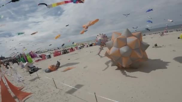 这个视频展示了一个迷人的场景 在沙滩上 许多各种形状和大小的充满活力的风筝在色彩斑斓的天空背景下飞行 这些风筝 绑在一起 — 图库视频影像
