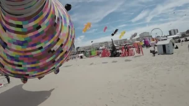비디오는 해변에서 열리는 활기찬 활기찬 축제를 보여줍니다 다양한 모양과 크기의 — 비디오