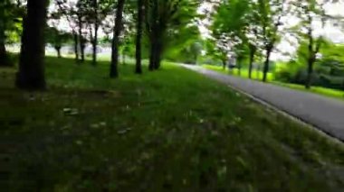 Koruyucu giysili bir patenci kaldırımlı bir yolda parkın içinden geçiyor. Park yeşil ağaçlarla dolu ve beyaz bulutlu açık mavi bir gökyüzü var. Patenci harika vakit geçiriyor.