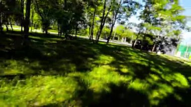 Bu, parkta yürüyüşün birinci şahıs bakış açısı videosu. Video güneşli bir günde çekiliyor ve yemyeşil ağaçlar ve çimenler tamamen çiçek açmış durumda. Park asfalt döşeli ve bakımlı.