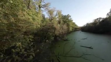 Video, dar bir nehir boyunca uçan bir İHA 'nın FPV görüntüsüyle başlıyor. Su yeşil ve bulanık, ve bankalar ağaçlar ve çalılarla kaplı. İnsansız hava aracı köprünün altından uçuyor ve...