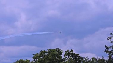 Arkalarında iki zıt zıtlık bırakarak iki uçağın üzerinde uçtuğu yüksek bir kozalaklı ağaç yükselir..