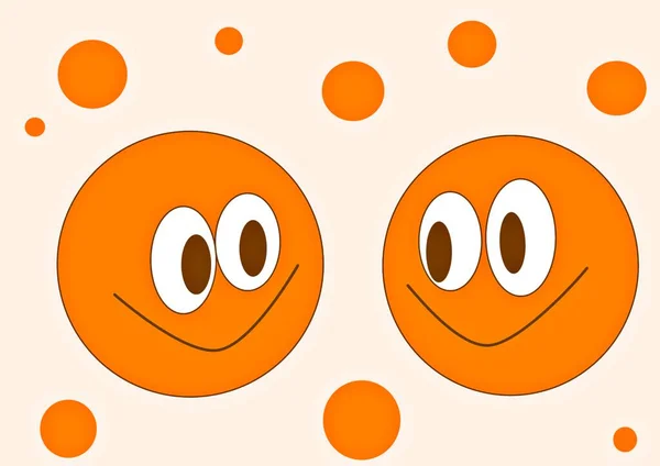 Два Счастливых Оранжевых Смайлика Смотрят Друг Друга Улыбаются Высокое Качество — стоковое фото
