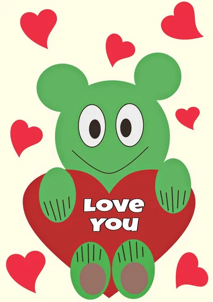 Positive Illustration Cartoon Character Holding Heart His Hands Inscription Love — Stock Photo, Image