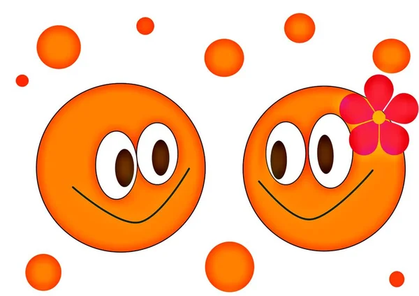 Ευτυχισμένο Ζευγάρι Πορτοκαλί Emoji Στην Αγάπη Κοιτάζονται Και Χαμογελούν Υψηλής — Φωτογραφία Αρχείου