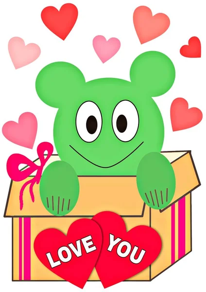 Greeting Card Text Love You Cartoon Positive Character Gift Box — Stock Photo, Image