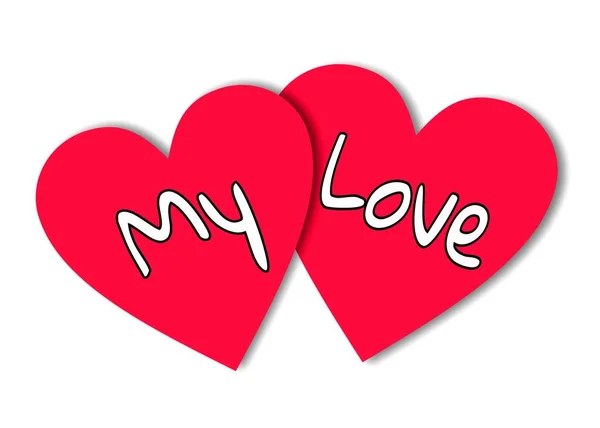 Dois Corações Vermelhos Com Inscrição Meu Amor Fundo Branco Foto — Fotografia de Stock