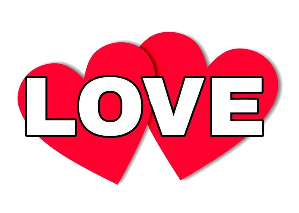 Dois Corações Vermelhos Com Inscrição Amor Fundo Branco Foto Alta — Fotografia de Stock