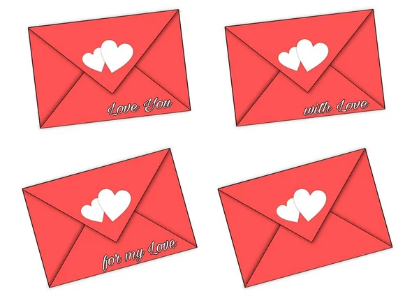 red love envelopes with inscriptions and hearts, envelope mockups. High quality photo