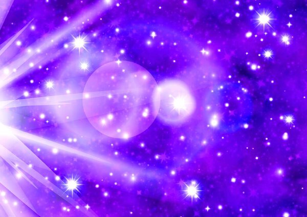 Glowing explosion of light, purple space background with stars. High quality photo