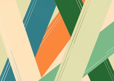 A modern abstract composition with overlapping geometric shapes in shades of green, orange, and beige. Bold diagonal lines and subtle textures create a dynamic, layered visual effect. High quality clipart