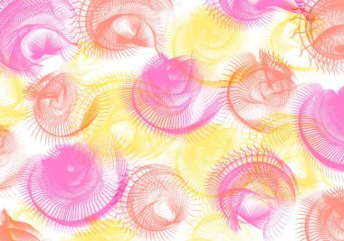 Pembe, sarı ve turuncu tonlarda kıvrımlı şekiller içeren canlı, soyut bir dijital sanat eseri. Hassas, ağ benzeri yapılar beyaz arka planda dinamik ve enerjik bir bileşim oluşturur.