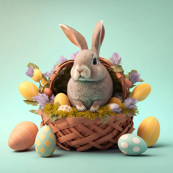 Easter Concept Bunny Basket Eggs Flowers Isolated White Background Copy — Stock Photo, Image