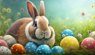 Yeşil çayır üzerinde yumurta ve tavşanlı renkli Paskalya tavşanı, yakın plan.