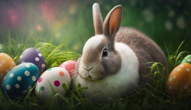 Paskalya tavşanı ve yumurtalar yeşil çimlerin üzerinde sepette.