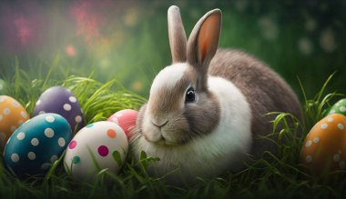 Easter bunny and eggs in the basket on a green grass background clipart