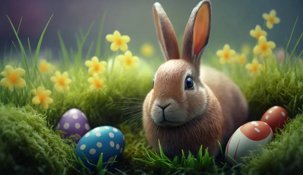 Cute Rabbit Easter Bunny Green Grass — Stock Photo, Image