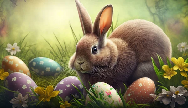 Paskalya, bayramlar ve yeni yıl konsepti. Küçük tüylü bir tavşan ve çiçekli bir tavşan.