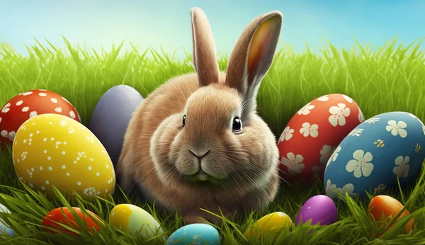 Paskalya tavşanı ve yumurtalar yeşil arka planda sepette.