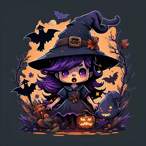 Halloween Heks Met Hoed Pompoen Vector Illustratie — Stockfoto