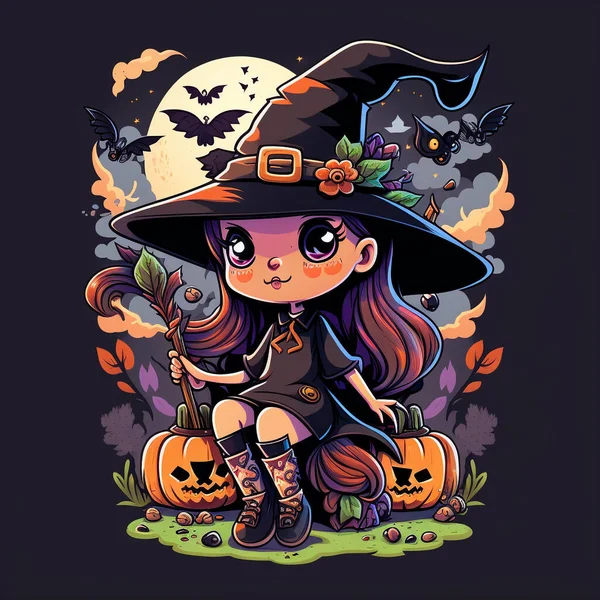 halloween witch with hat and pumpkin vector illustration