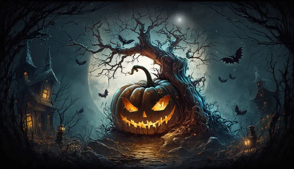 Страшный Ночной Пейзаж Хэллоуина Жуткой Тыквой Луной — стоковое фото